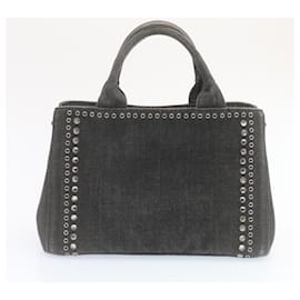 Prada-PRADA Canapa PM Hand Bag Stone Canvas Black Auth 28543-Black