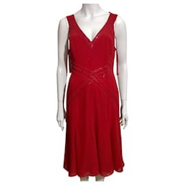 Amanda Wakeley-Red chiffon dress with pearl embroidery-Red