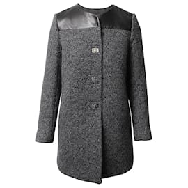 Sandro-Sandro Paris Coat with Leather Trim in Grey Wool-Grey