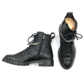 Botins de combate Jimmy Choo Cruz em pele preta com broches de cristal Preto