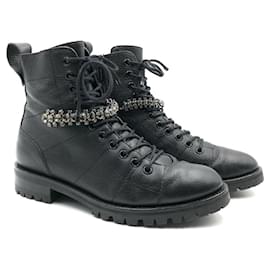 Jimmy Choo-Jimmy Choo Cruz Combat Ankle Boots aus schwarzem Leder mit Kristall-Knöchelbroschen-Schwarz
