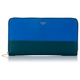 Céline-Celine Blue Large Zipped Multifunction Bicolor Leather Wallet-Blue,Green,Dark green