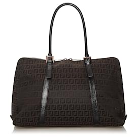 Fendi-Fendi Brown Zucchino Canvas Tote Bag-Brown,Black,Dark brown