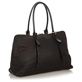 Fendi-Fendi Brown Zucchino Canvas Tote Bag-Brown,Black,Dark brown