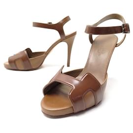 Hermès-HERMES SHOES H SANDALS WITH HEELS 37.5 BROWN LEATHER SHOES-Brown