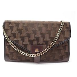 Lanvin-VINTAGE LANVIN HAND BAG MONOGRAM CANVAS & BROWN LEATHER POUCH HAND BAG-Brown