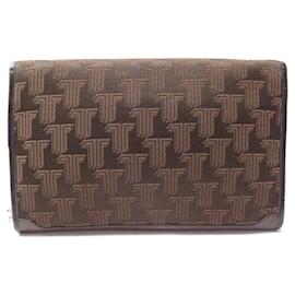 Lanvin-VINTAGE LANVIN HAND BAG MONOGRAM CANVAS & BROWN LEATHER POUCH HAND BAG-Brown
