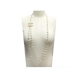 Chanel-NEUF COLLIER CHANEL SAUTOIR LOGO CC & PERLES DORE + BOITE PEARLS NECKLACE-Doré