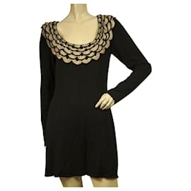 Temperley London-Temperley Black Silk Knit Beige Gold Crochet Bib Long Sleeves Mini Dress taille L-Noir