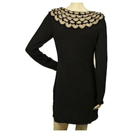Temperley London-Temperley Black Silk Knit Beige Gold Crochet Bib Long Sleeves Mini Dress taille L-Noir