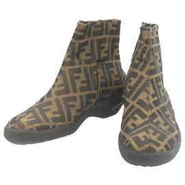 FENDI Short boots Zucca Canvas Black Brown Auth fm1115 Brown Black