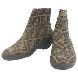 Fendi-FENDI Short boots Zucca Canvas Black Brown Auth fm1115-Brown,Black