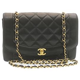 Chanel-CHANEL Chain Turn Lock Diana Matelasse Shoulder Bag Lamb Skin Black Auth knn076-Black
