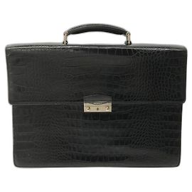 VERSACE Croco embossed business bag / Leather Black