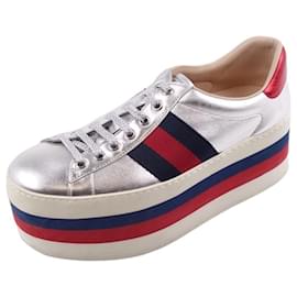 Gucci-GUCCI Sneakers Webline Shelly Line Platform Calf Leather Shoes Shoes Men's Silver / Navy / Red Size 5 1/2 (equivalent to 24.5 cm)-Silvery,Red,Navy blue