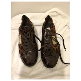 Dolce & Gabbana-Patent and calf leather pony fur style sneakers-Brown,Leopard print