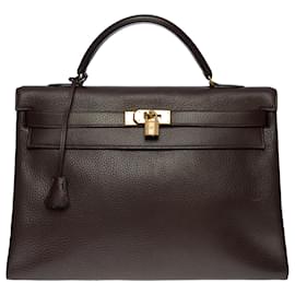 Hermès-Splendid Hermes Kelly handbag 40 turned over in Vache d'Ardennes leather , gold plated metal trim-Brown