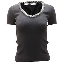 Alexander Wang T-shirt de malha canelada com gola de corrente em algodão branco Preto