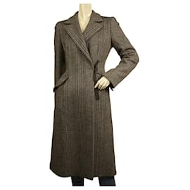 Prada-Prada Marron, Manteau en laine vierge tweed beige et noir sous le genou avec nœud sz 42-Marron