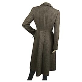 Prada-Prada Marrone, Cappotto sotto il ginocchio in lana vergine tweed beige e nero con fiocco tg 42-Marrone