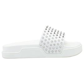 Christian Louboutin-Christian Louboutin Pool Fun Flat Studded Slides in White Calfskin Leather-White