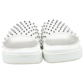 Christian Louboutin-Christian Louboutin Pool Fun Flat Studded Slides in White Calfskin Leather-White