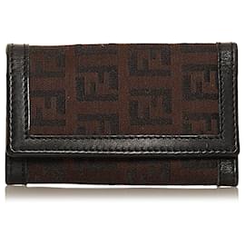 Fendi-Fendi Brown Zucca Canvas Key Holder-Brown,Black,Dark brown