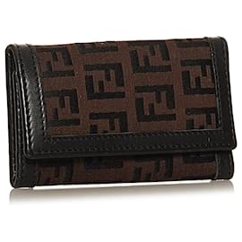 Fendi-Fendi Brown Zucca Canvas Key Holder-Brown,Black,Dark brown