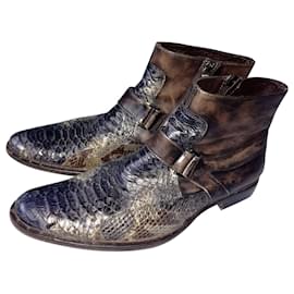 Autre Marque-Italian Designer Zipped Ankle Boots Snakeskin Python Leather-Brown,Blue