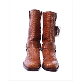 Autre Marque-TONY MORA Spain Python Snake Skin Rocker Western style Cowboy line Riding Leather Boots-Brown