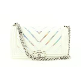 Chanel-Silver Chain x White Chevron Holographic Boy Bag-Other