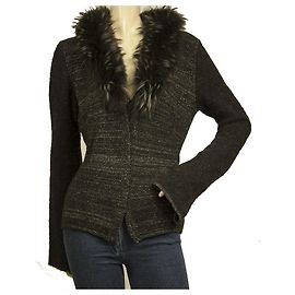 Roberto Cavalli Schwarz Grau Pelz Silber Glanz Strickjacke Strickjacke Gr. M Schwarz