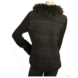 Roberto Cavalli-Roberto Cavalli Black Gray Fur Silver Shine Knit Cardigan Cardi Jacket sz M-Black