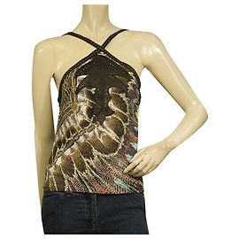 Camicetta senza maniche con top a canotta in pelle marrone multicolor in seta Roberto Cavalli S Multicolore