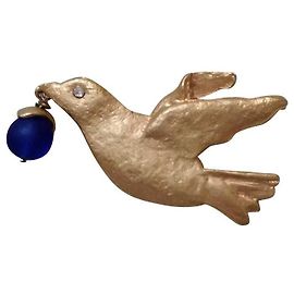 Autre Marque Patrick Rétif Goldene Vogel Brosche mit blauer Glasperle Golden