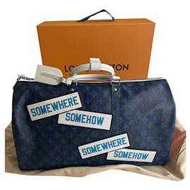 Louis Vuitton-Borsa Keepall di Louis Vuitton Virgil Abloh x Lawrence Weiner-Bianco,Blu