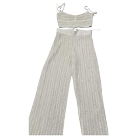 Herve Leger-Herve Leger Metallic Eyelash Knit Top and Pants Set in Silver Rayon-Silvery
