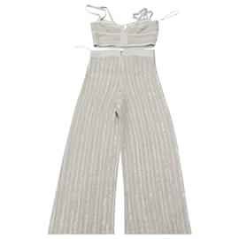 Herve Leger-Herve Leger Metallic Eyelash Knit Top and Pants Set in Silver Rayon-Silvery