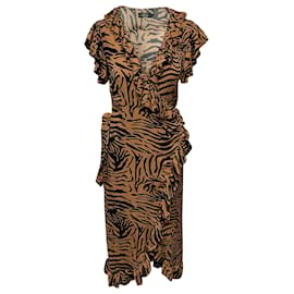 Autre Marque-De La Vali Cadaques Ruffled Animal-Print Wrap Dress in Brown Viscose-Brown