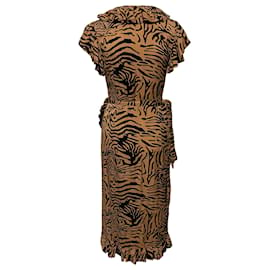Autre Marque-De La Vali Cadaques Vestido envelope com babados animal print em viscose marrom-Marrom