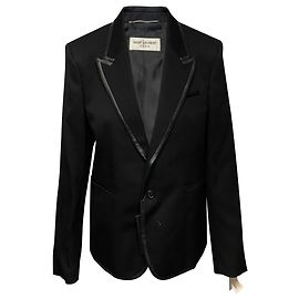Blazer Saint Laurent con bordo in ecopelle in lana nera Nero