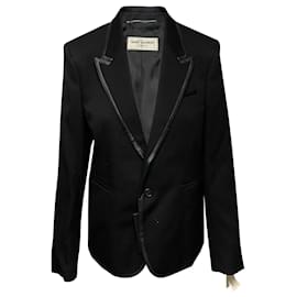 Saint Laurent-Saint Laurent Faux Leather-Trimmed Blazer in Black Wool-Black