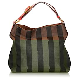 Fendi-Fendi Brown Pequin Canvas Tote Bag-Brown,Black