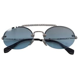 Miu Miu-Miu Miu Oval Sunglasses With Rhinestone Bar in Light Blue Metal-Blue,Light blue