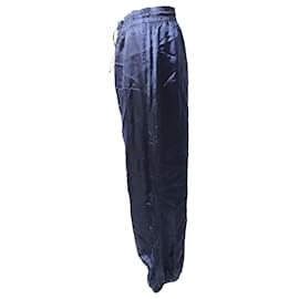 Autre Marque-Monse Snap-Embellished Pinstriped Wide-Leg Pants in Navy Blue Satin-Navy blue