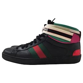 Gucci-GUCCI Ace Strap Tape Logo / Sherry Line / High Cut Sneakers / UK7.5 / Black / Inner Kakatogore-Black