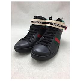 Gucci-GUCCI Ace Strap Tape Logo / Sherry Line / High Cut Sneakers / UK7.5 / Black / Inner Kakatogore-Black