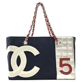 Chanel-[Usado] CHANEL Número de canal5 Bolso shopper con cadena Bolso de hombro Lona Azul Marino Plata-Plata,Azul marino