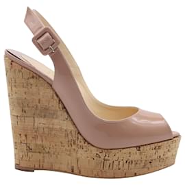 Christian Louboutin-Christian Louboutin Une Plume 140 Peeptoe Slingback Wedge in Nude Patent Leather-Flesh