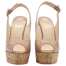 Christian Louboutin-Christian Louboutin Une Plume 140 Peeptoe Slingback Wedge in Nude Patent Leather-Flesh